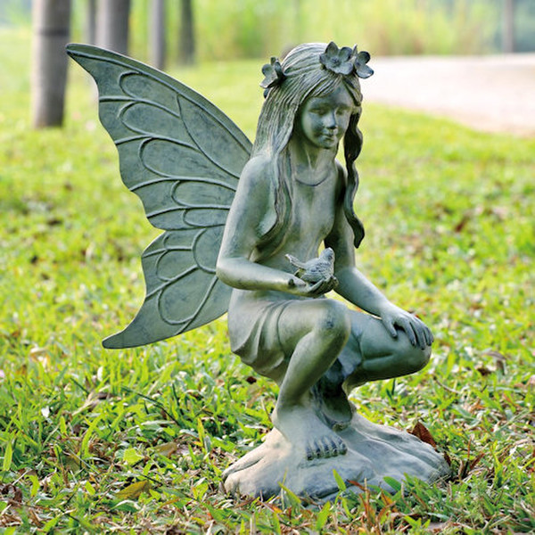 Aluminum Garden Fairy Sprite Sculpture with Bird Kneeling Statues Artwork